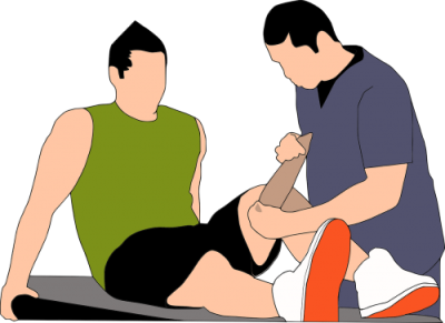 A specialist helps tape up a patient's knee.